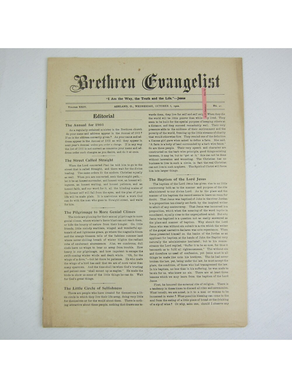 Brethren Evangelist Christian Newspaper Ashland Ohio Antique October 8th 1902